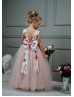 Floral Printed Satin Tulle V Back Flower Girl Dress